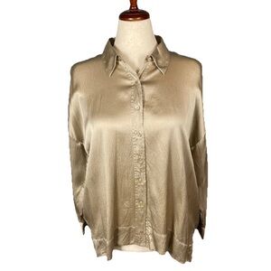 Eileen Fisher Silk Oversized Button Down Blouse Shirt Top Size XS In Gold
